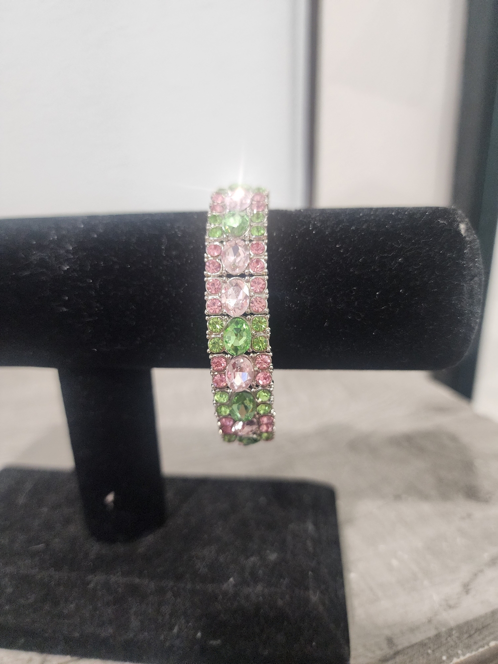 Multi-Row Pink and Green Crystal Stretch Bracelet